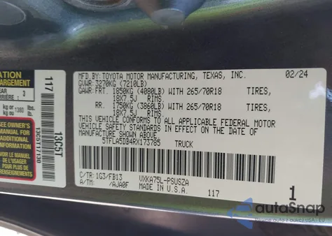 2024 Toyota Tundra Sr5 из США, поврежденный, VIN 5TFLA5DB4RX173785